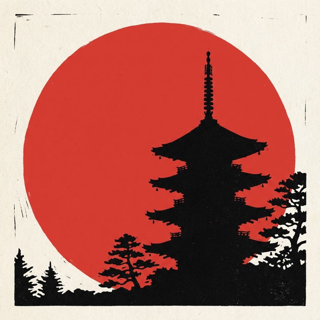 Pagoda Temple against Red Sun